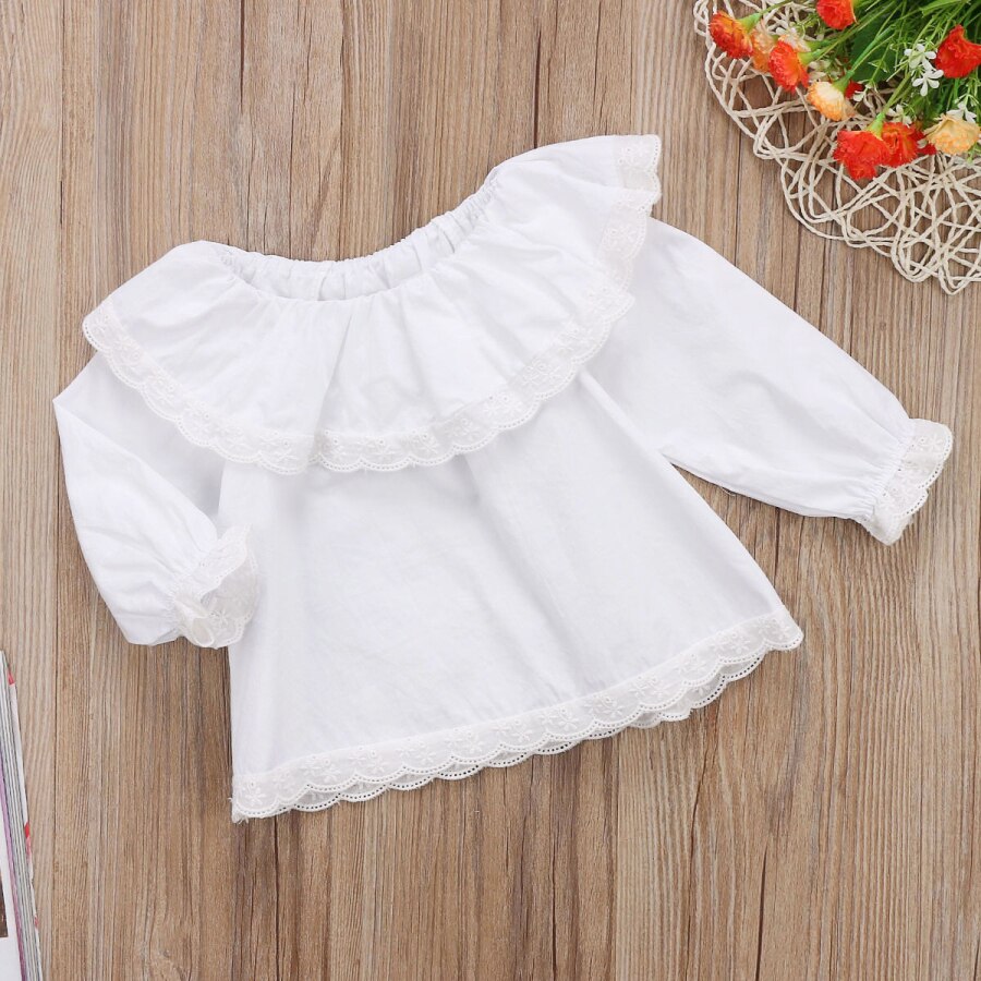 Neugeborenen Kleinkind Infant Baby Mädchen Solide Weiß Süße Tops Shirt Spitze Langarm Tops T-shirts Kleidung 0-24M