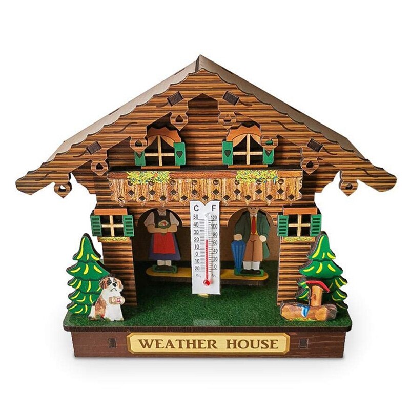 Weer Huis, Bos Weer Huis Met Man En Vrouw, hout Chalet Barometer Thermometer En Hygrometer Woondecoratie Muur Ha