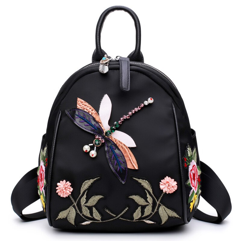 Flower Embroidery Backpack Women Small Mini Shoulder Bag Dragonfly Backpack Female Casual Retro Travel Bags Girls: Default Title