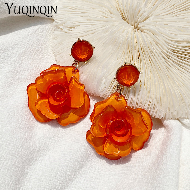 Vintage coréen acrylique Rose fleur boucles d'oreilles pour femmes acétate résine longues boucles d'oreilles pour filles bijoux Brincos