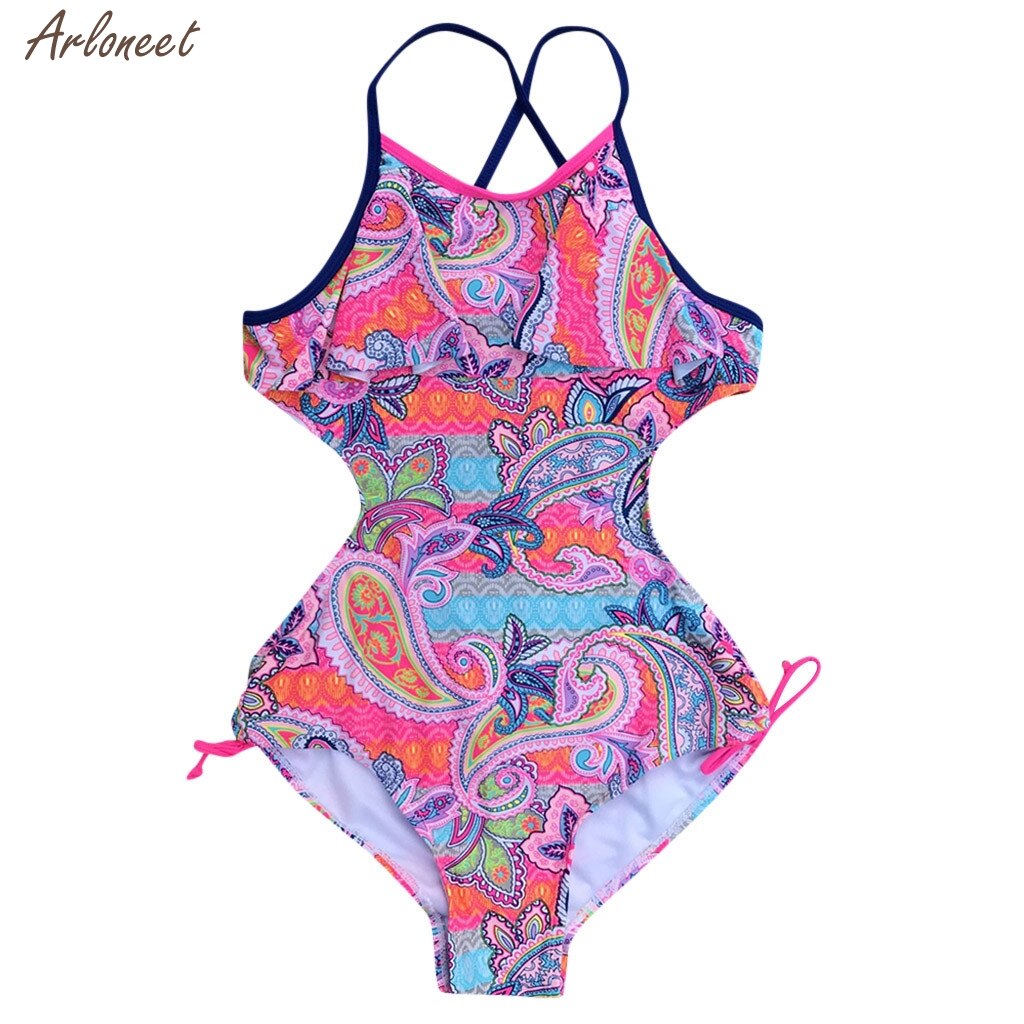 Summer Swimwear Teen Children Girls Print Africa Style One-piece Swimsuit Beach Bikini Beachwear Clothes Swimwear: Pink / 16