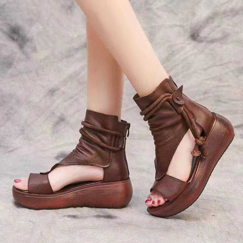 Sandales en cuir confortables pour femmes, bottes Cool à plate-forme, chaussures d'extérieur à la , semelles compensées, augmente la hauteur, chaussures à bout ouvert, été, 2022
