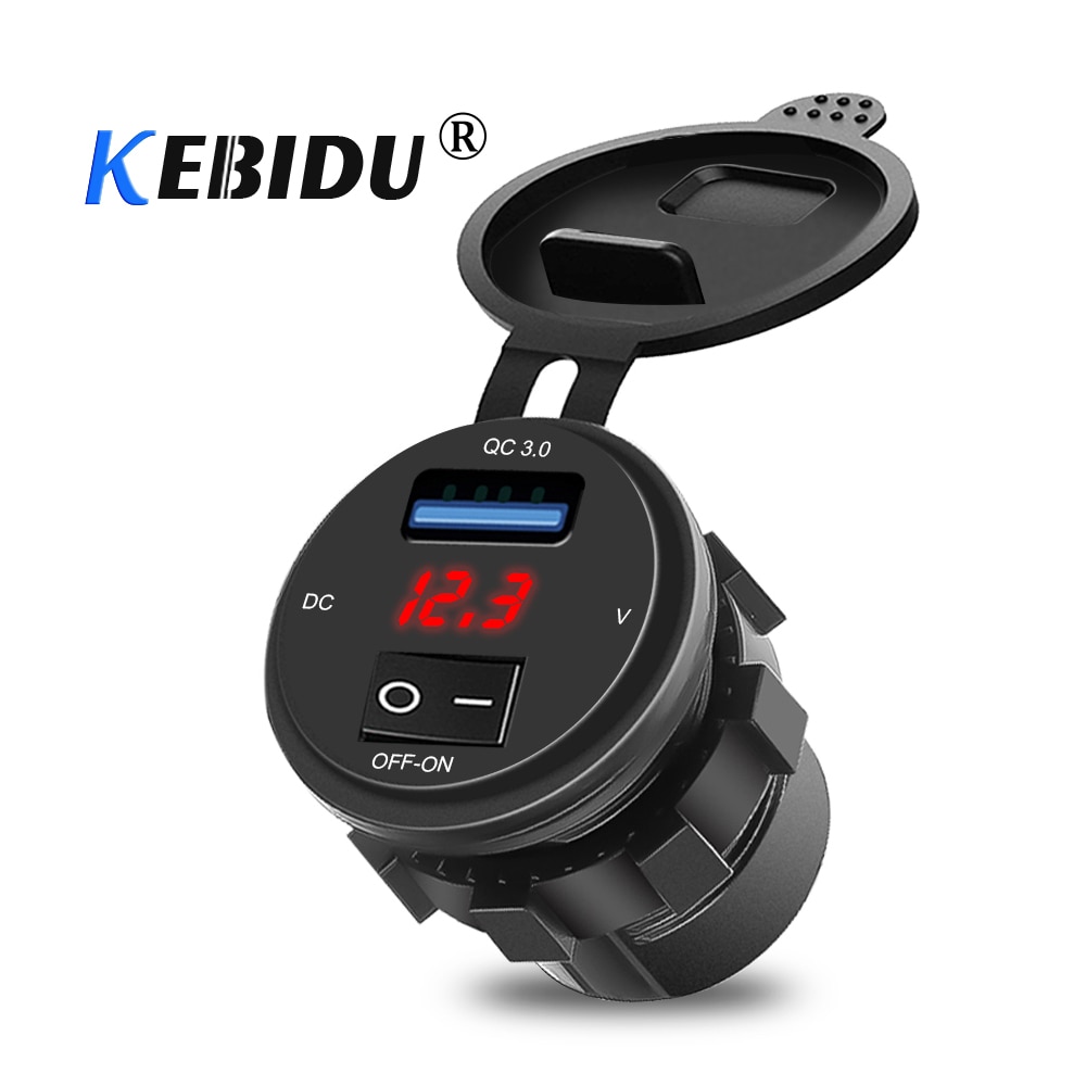 KEBIDU – Chargeur de voiture USB 3.0 avec voltmètre, prise avec affichage numérique et bouton marche-arrêt, charge rapide, parfait pour moto,