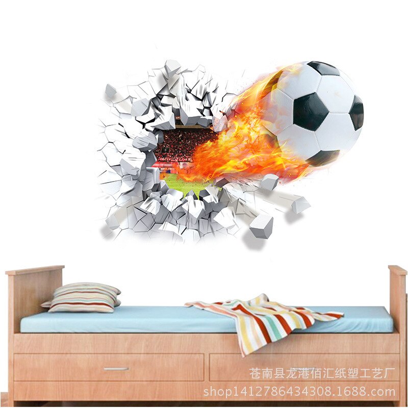 firing football through wall stickers for kids room decoration home decals soccer funs 3d mural art sport game pvc poster