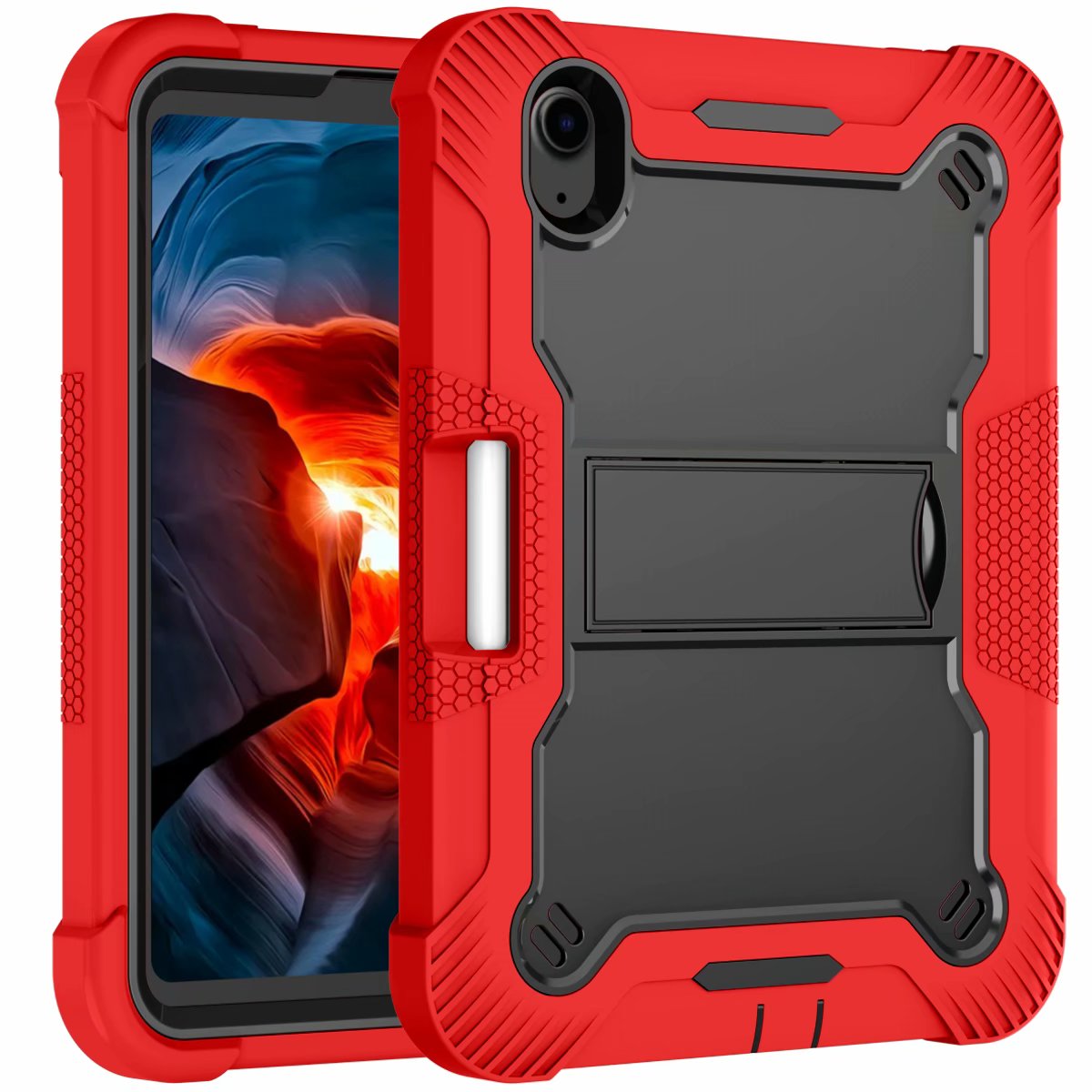 3 layers Full Body Protective shockproof hard PC+ Soft Silicone Cover Kickstand Cases for iPad Mini 6 Case: Red