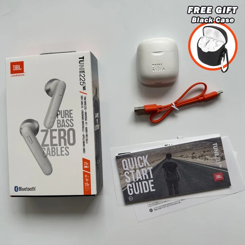 Original JBL Tune 225TWS True Wireless Bluetooth Earbud Headphones T225 TWS Stereo Earbuds Bass Sound Headset with Free cover: WHITE