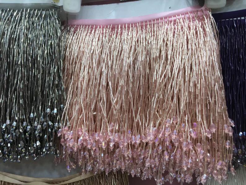 Lys rosa tung perle frynser dusk trim for dans kostyme, haute couture kjole trimming perler frynser gull sølv blå: Lyserosa