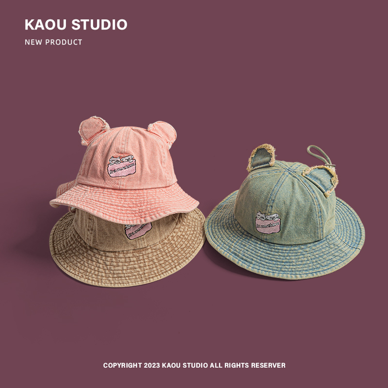 schattige beer oren geborduurde emmer hoed dames lente en zomer outdoor zonnescherm vetersluiting koepel vrije tijd zonnepet