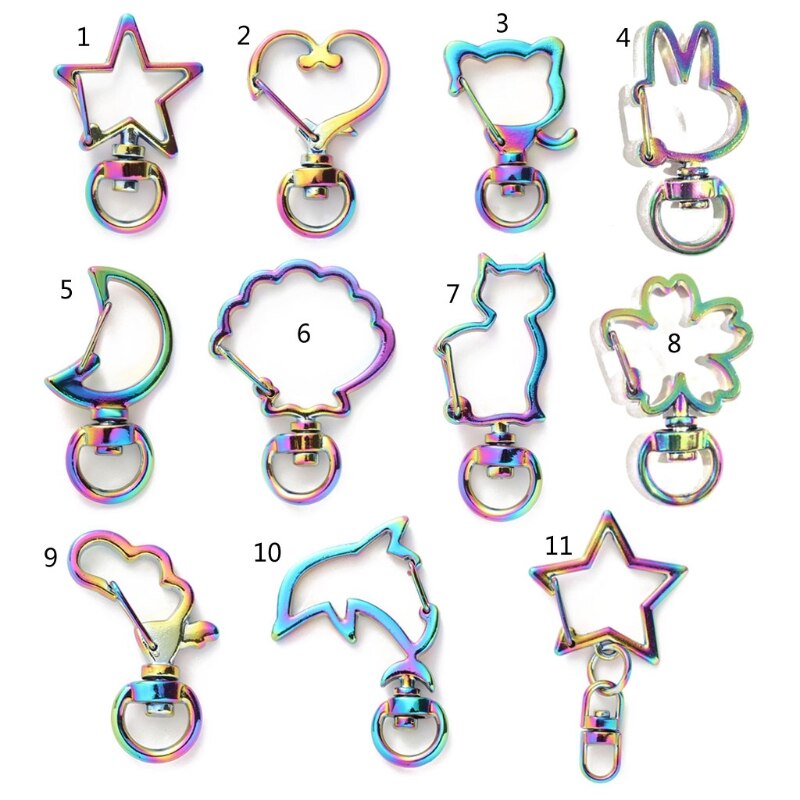 10 stuks regenboog metalen karabijnhaak kreeftensluiting lanyard met sleutelhanger voor sleutelhanger hart ster kat sleutelhanger open bezel diy tassen findi