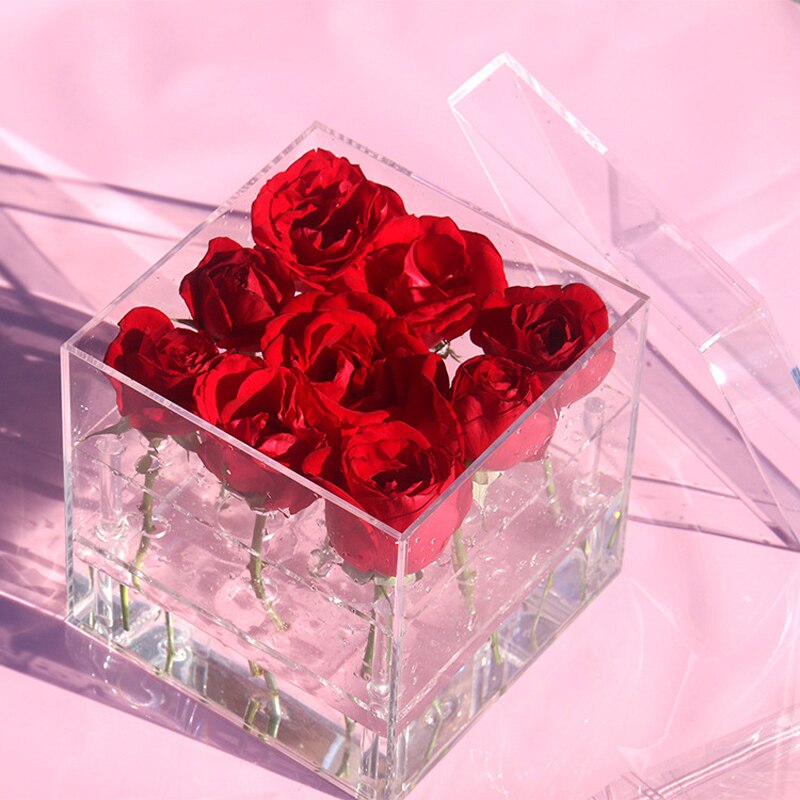 Acrylic Rose Flower Box Makeup Organizer Artificial Flower Bouquet Valentine's Day Wedding Decor Box: 9 Holes Box