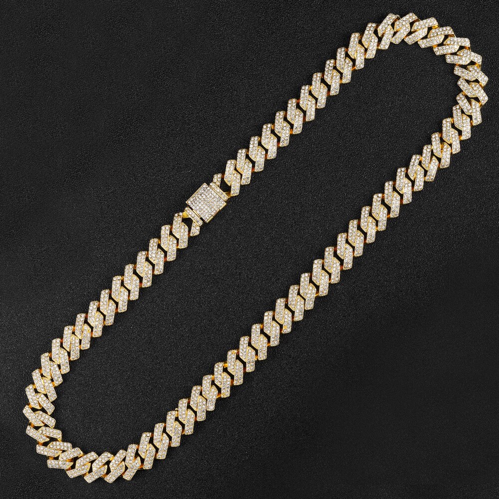 15Mm Miami Prong Cubaanse Chain Link Zilver Kleur Mannen Kettingen 2 Rij Iced Out Strass Armband Set Voor heren Hip Hop Kettingen: Gold necklace / 30inch Necklace