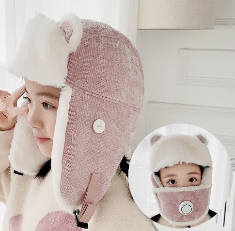 Plus Fleece Bomber Cap Child Winter Keep Warm Girl Cute Cartoon Boy Windproof Ear Protection Face Mask Gorra: Color 2