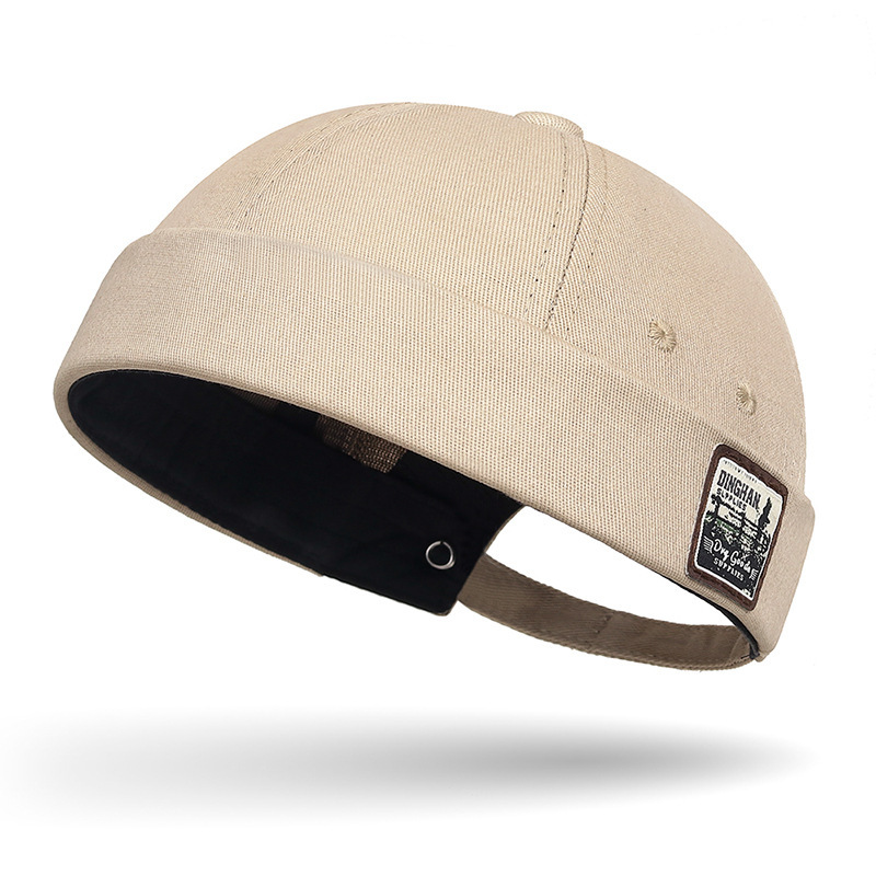 Brättelös hatt dockerkeps retro bomullshatt utan brätte justerbar rullad manschett brättelösa hattar för män: Beige