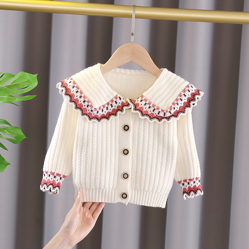 Autumn Winter Girls Knitting Cardigans Coat Kids Long Sleeve Peter Pan Collar Warm Sweater 3Color 0-5Y: white / 4T