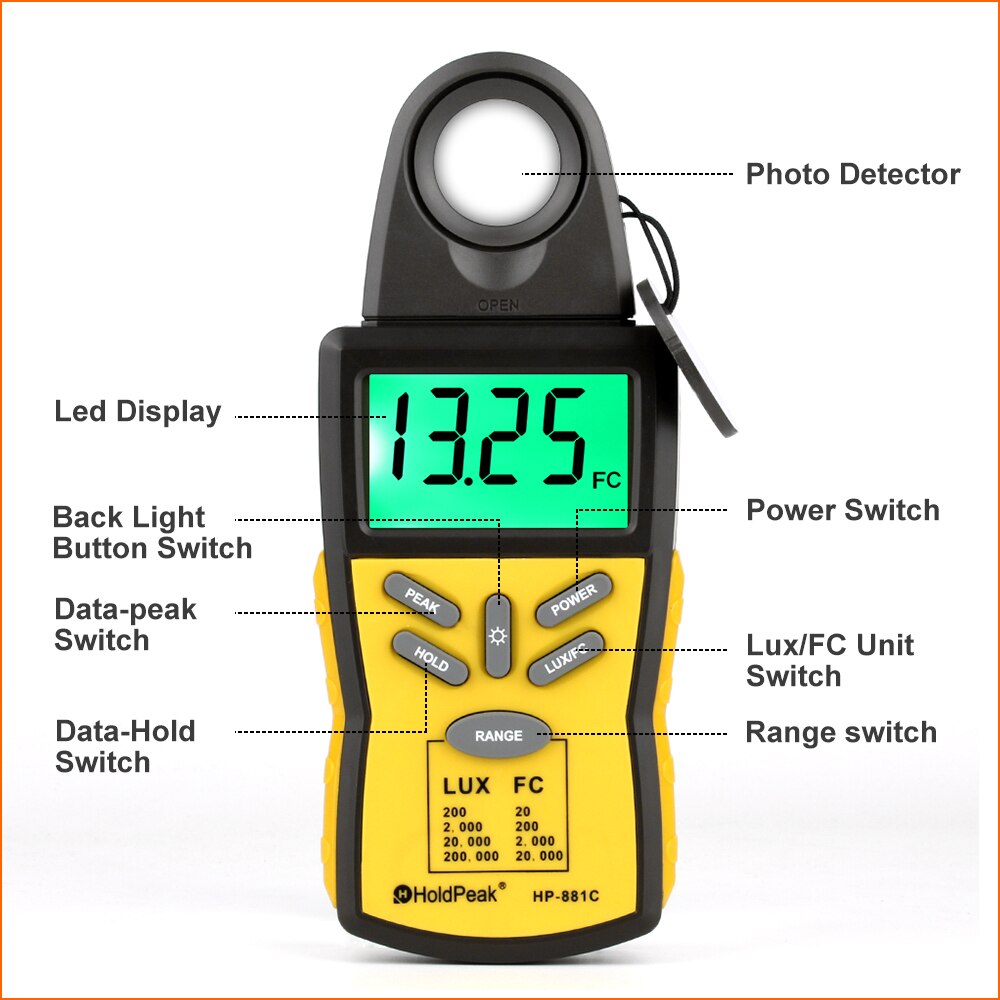HoldPeak Lux Meter High Precision Digital Light Lux Meter Handheld Illuminometer Photometer Luxmeter