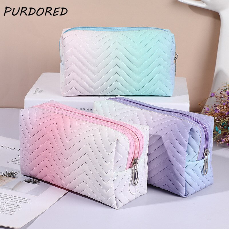 PURDORED 1 Pc Gradienten Farbe machen-hoch Tasche für Frauen Reißverschluss Samt Kosmetik Tasche Reise Große Weibliche Machen hoch Beutel Notwendigkeiten