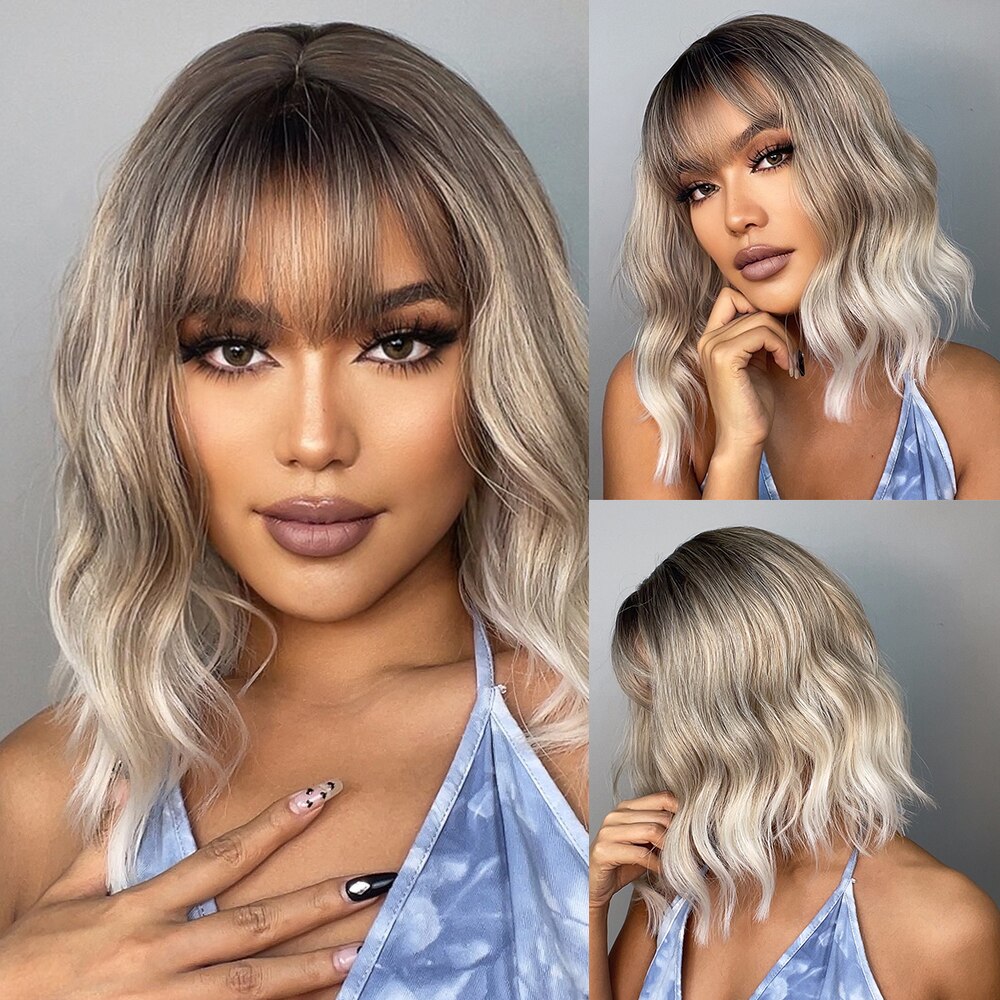 Pelucas sintéticas ombré marrón Rubio para mujer, pelo corto ondulado Bob con flequillo, onda corporal, Cosplay, Lolita, pelo Natural resistente al calor: #35