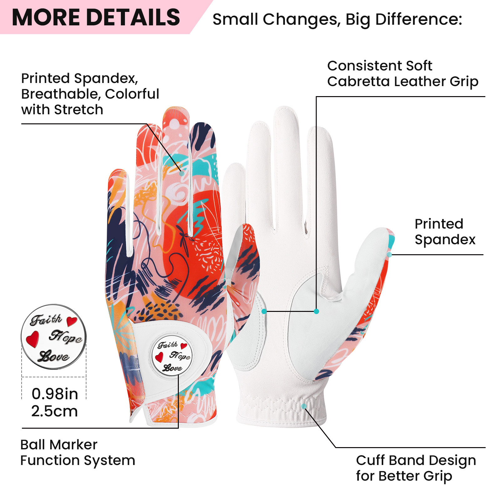 Guantes de golf para mujer, mano izquierda derecha de cuero con marcador de bola, paquete de 3, guantes de colores para golfista diestros y zurdos, agarre para todo tipo de clima