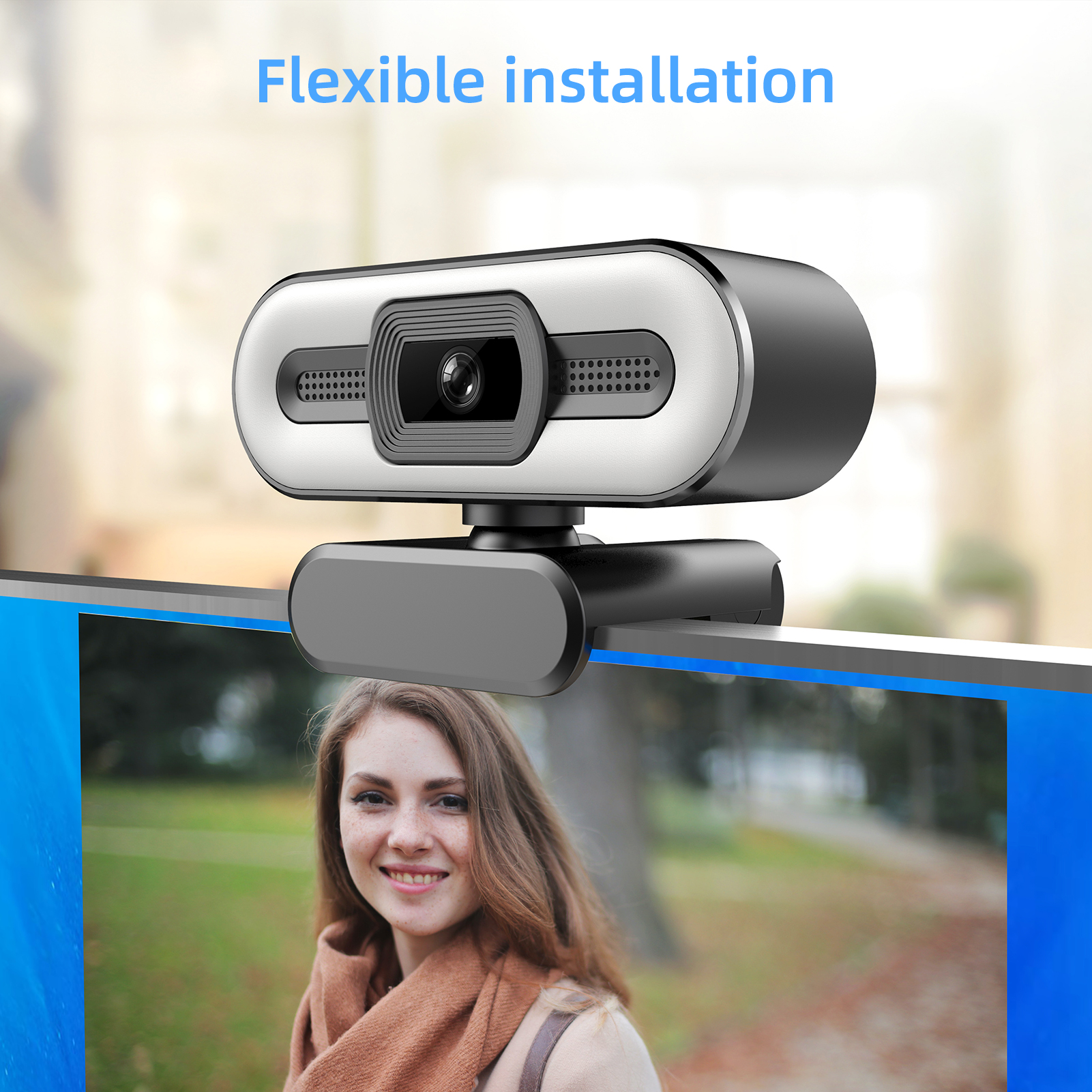 1080P Webcam Full HD Web Camera Built in Adjustable Ring Light Fixed Focus Optical Lens Microphone USB Camera Plug and Play