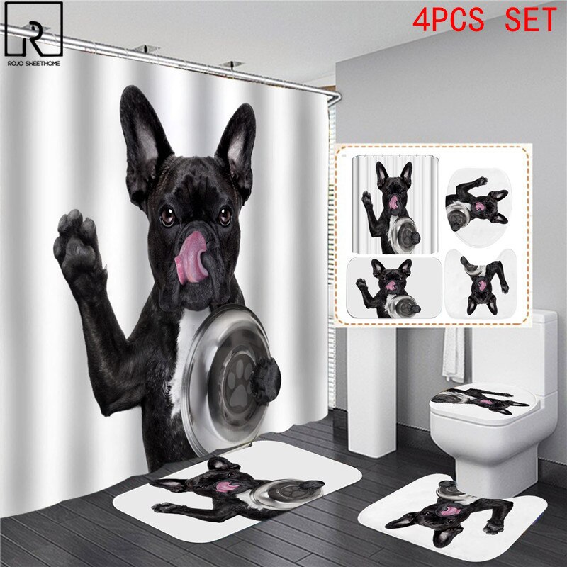 Animal Print Black Shower Curtains Lion Tiger 3D Bathroom Curtain Set Anti-slip Bath Mat Soft Toilet Lid Cover Home Rugs Carpets: 4PCS SET-C