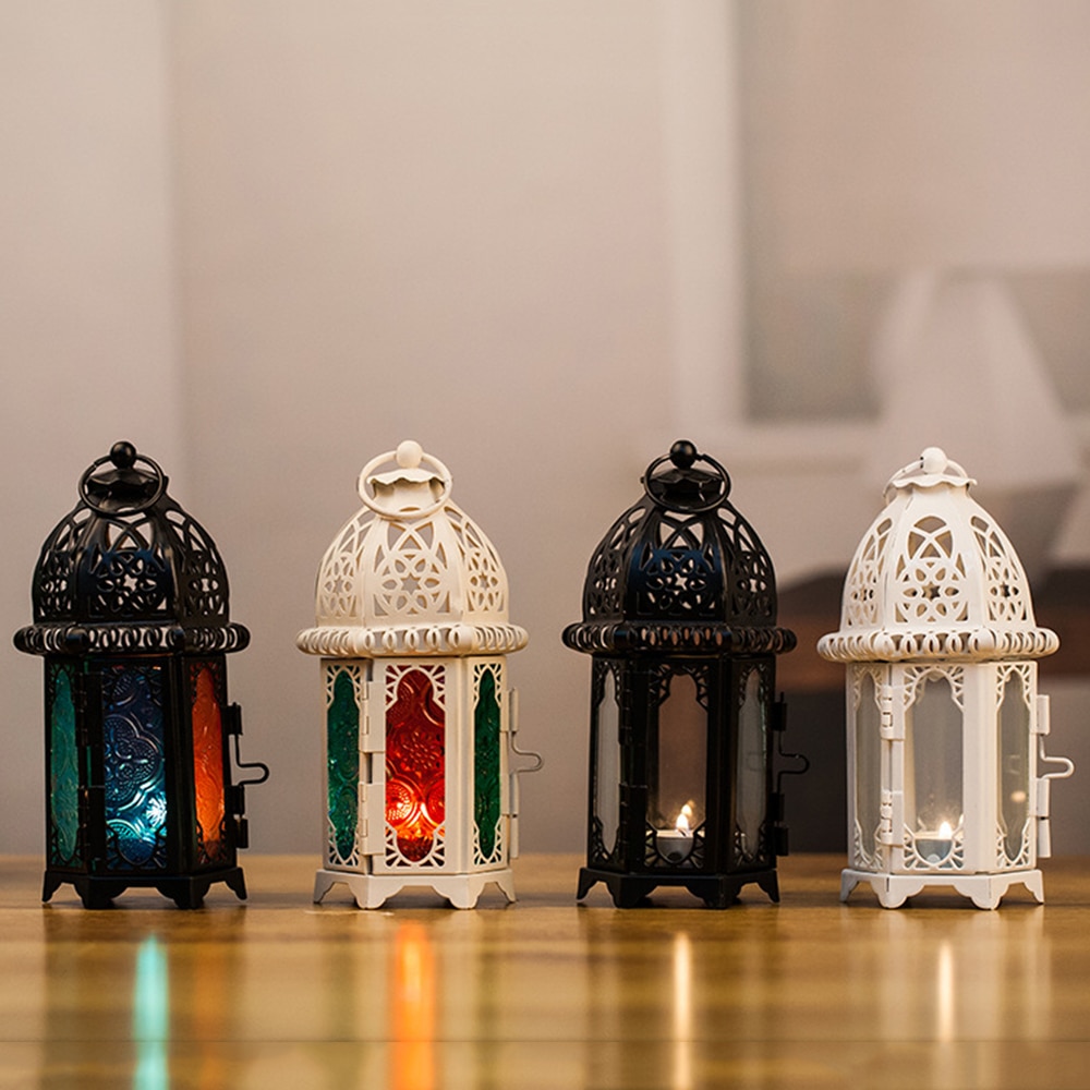 Marokkaanse Lantaarn Votive Kaarshouder Opknoping Lantaarn Ooit Party Bruiloft Decoratie Vintage Kandelaars Ijzer Glas Lantaarn Lamp