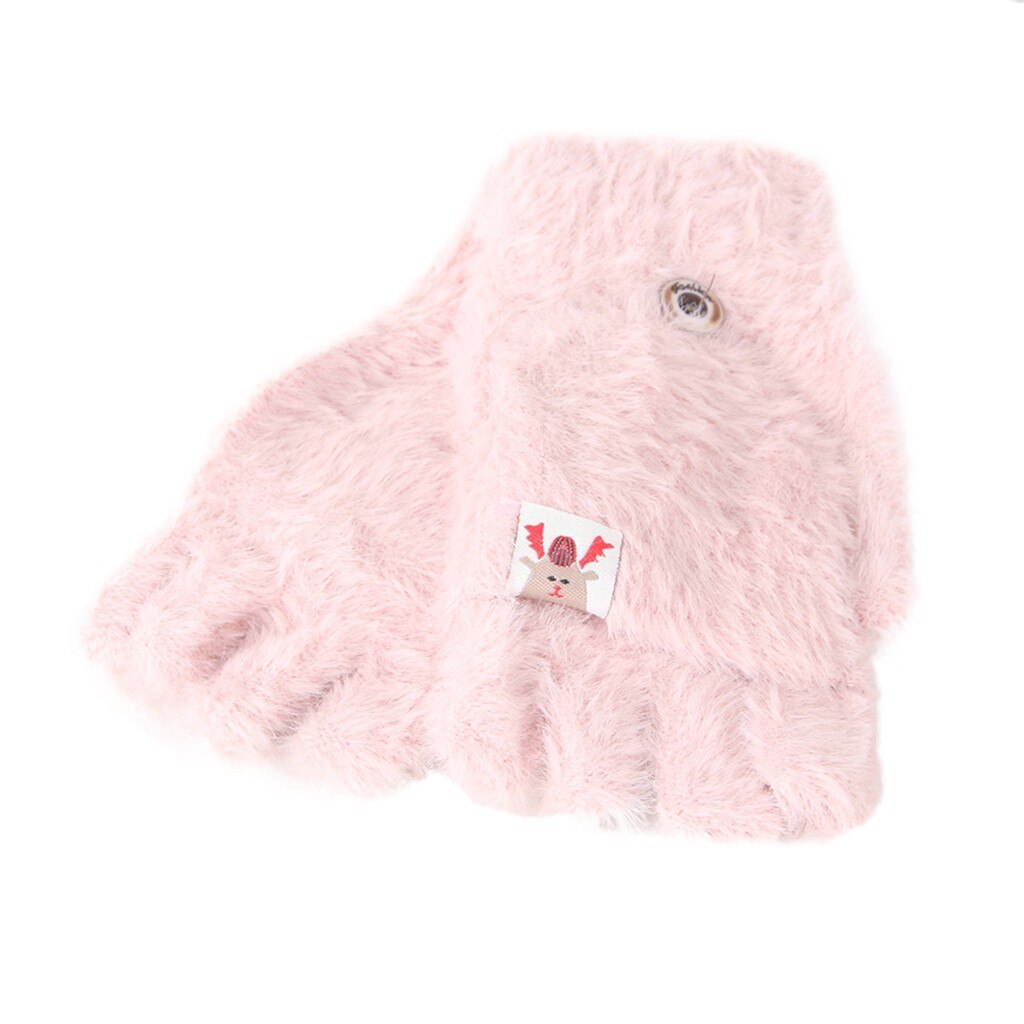 Peuter Baby Winter Warm Knit Convertible Flip Top Cartoon Fleece Wanten Handschoenen Plus fluwelen warm bont flip mitt Baby zorg: Pink