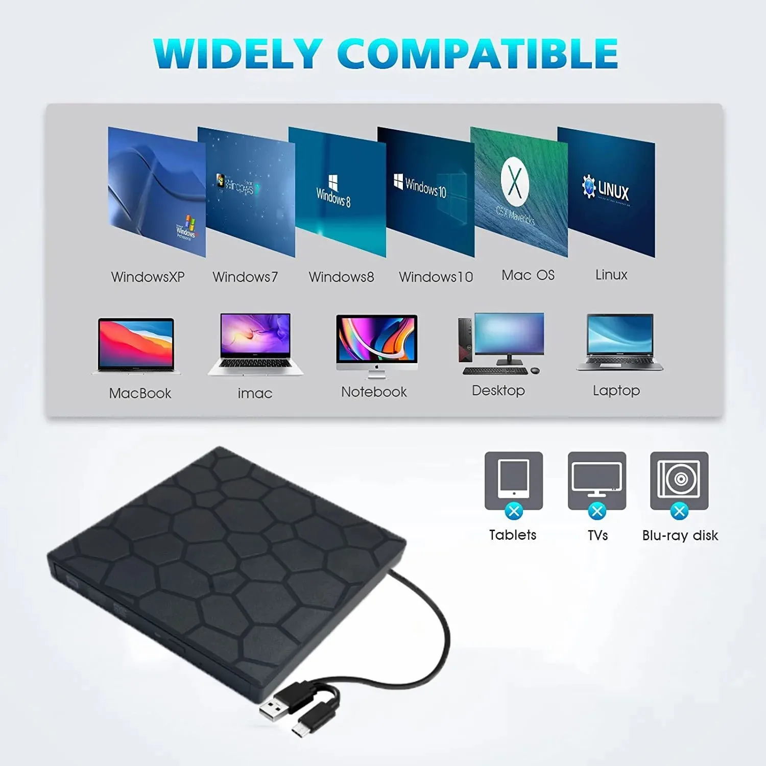 7 in 1 External CD/DVD Drive USB 3.0 Type C Portable DVD Player CD Burner External Disk Drive for Desktop Mac Windows Linux