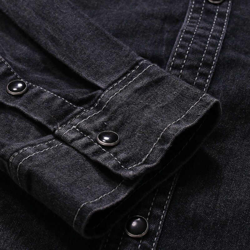 Casual jeansskjorta herr slim fit långärmad 100%  bomull vintage distressed solid skjorta manligt märkeskläder