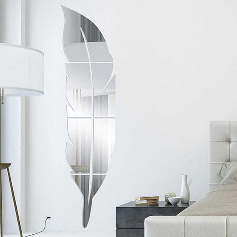 Silver DIY Acrylic Mirror Wall Stickers Feather For Living Room Bedroom Home Decals DIY Acrylic Decoration Wall Stickers