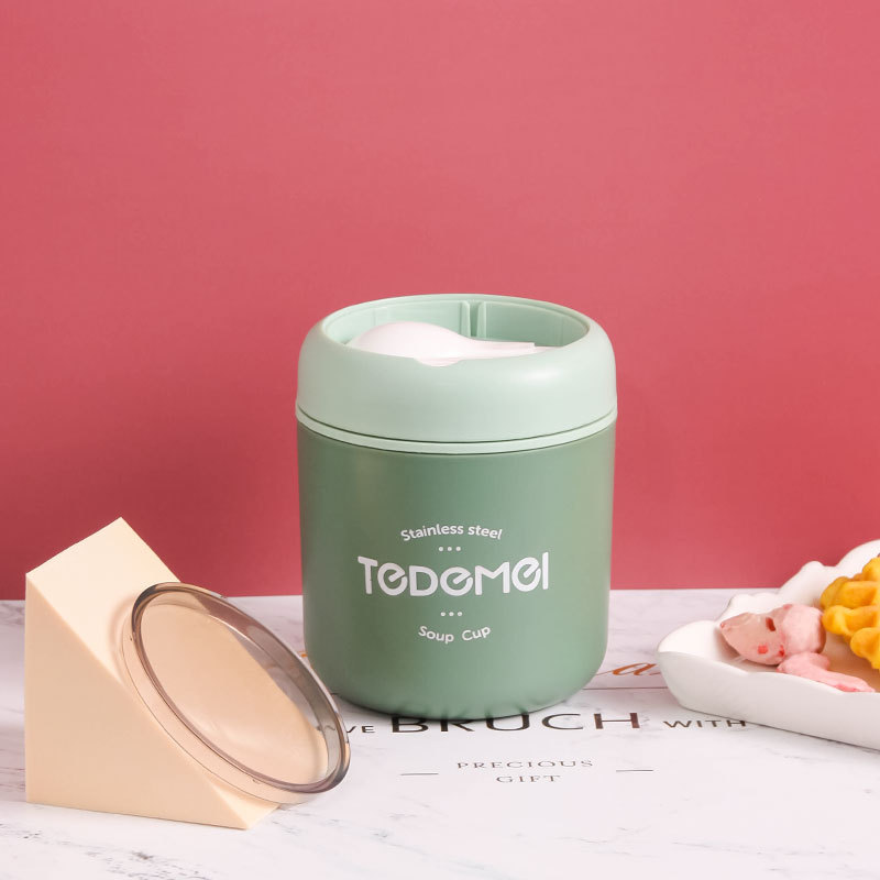 304 Roestvrijstalen Geïsoleerde Soep Kan Ontbijtbeker Met Lepel Kopje Sojamelk Cup Huishoudelijk Geïsoleerd Voedsel Kan: Zilver