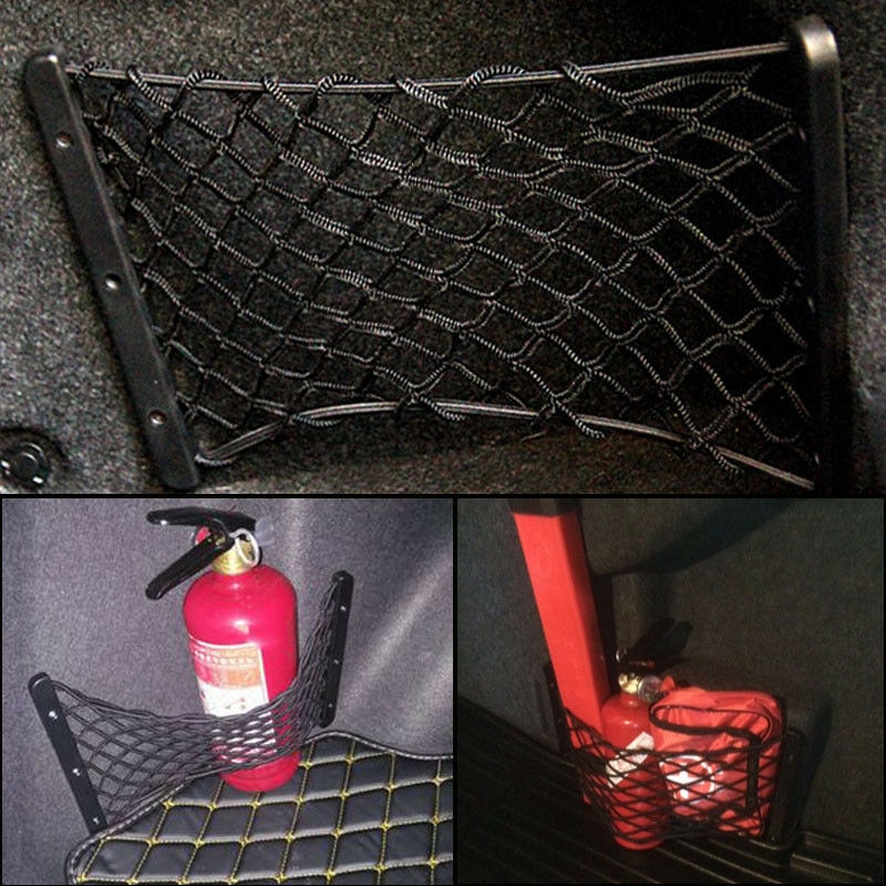 , Red de carga lateral del maletero trasero, malla de almacenamiento elástica para extintor de incendios, los tornillos más nuevos para equipaje