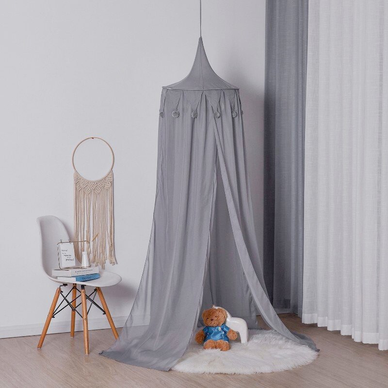 Nórdico cama do bebê dossel mosquiteiro rede berço com pompom cúpula redonda pendurado tenda crianças jogar tenda crianças quarto decoração: Cinza