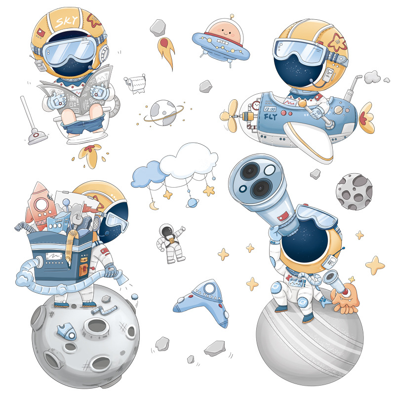 Cartoon Space Astronaut Wall Stickers for Kids Room Kindergarten Wall Decoration Removable Water-Proof PVC Wallpaper Home Decor: Default Title