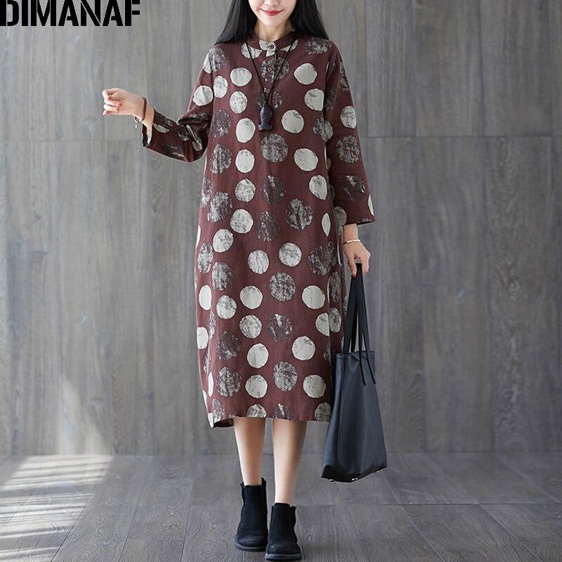 DIMANAF grande taille femmes robe Vintage à manches longues imprimé point femme Vestidos coton tenue décontractée en vrac automne vêtements