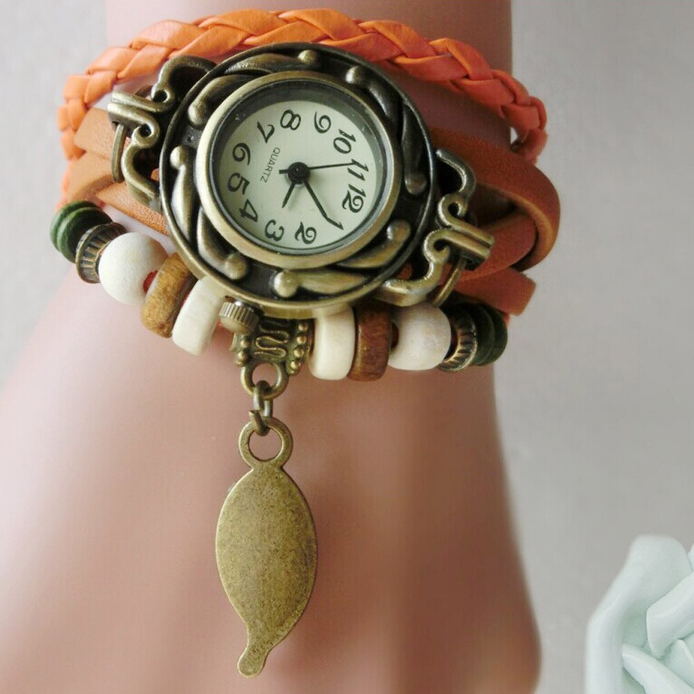 Vrouw Armband Horloge Lederen Band Leaf Hanger Ladie Horloge Retro Eenvoudige Quartz Lady Klok Relogi montre dames horloges # W