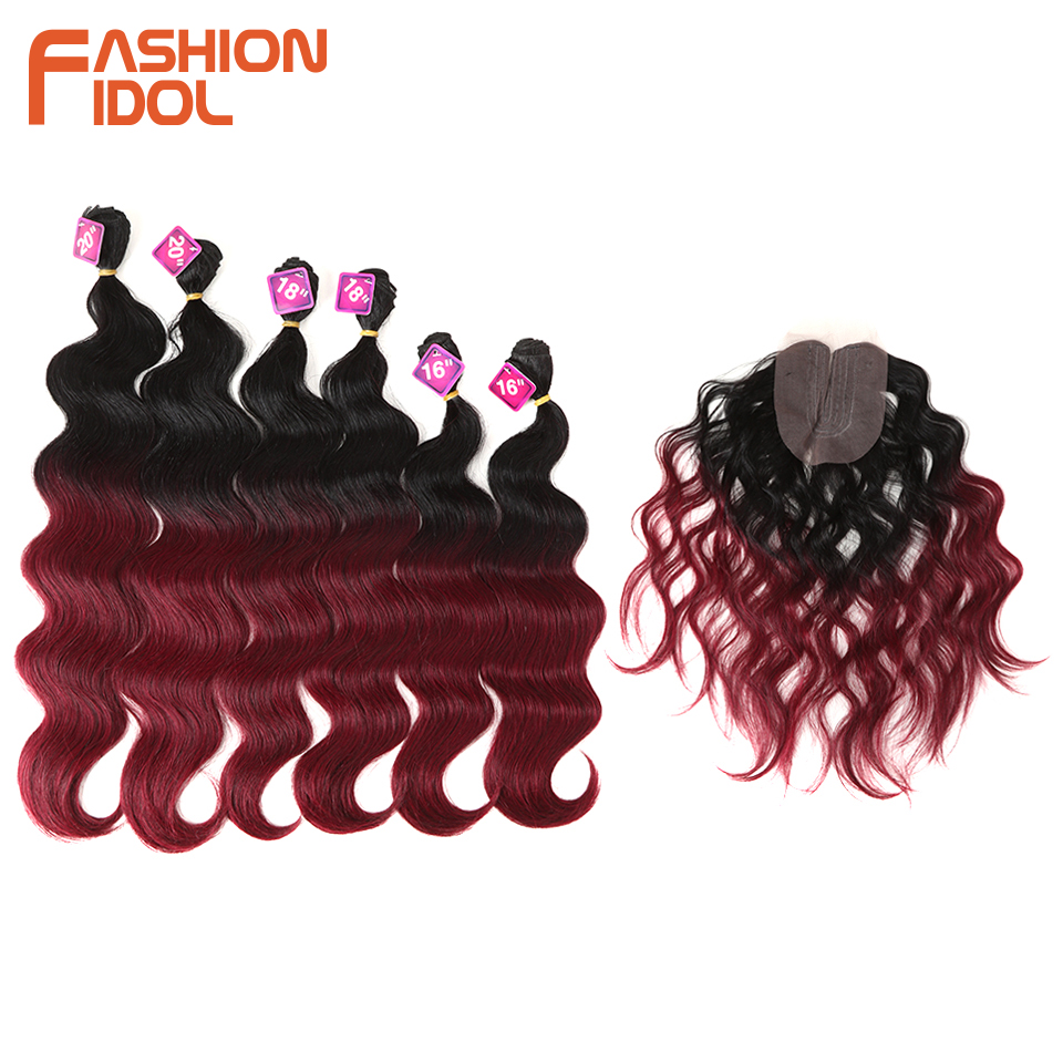 Mode Idol Body Wave Krul Haar 16-20 Inch 7 Stuks/partij 240G Synthetisch Haar Bundels Met Sluiting Midden deel Vetersluiting Fiber