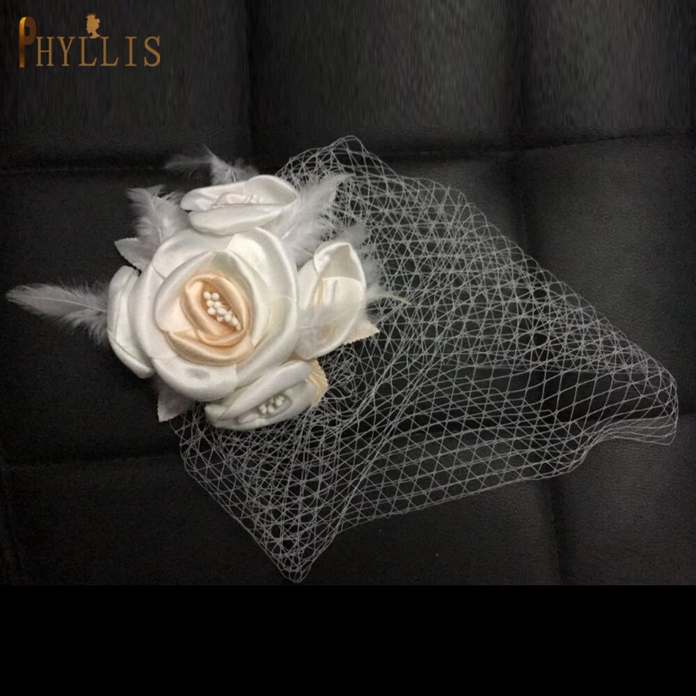 PHYLLIS JM01 Bridal Birdcage Veil Blusher Veil Feather Flower Short Veil Wedding Veil White Fascinator Bride Hats With Veil