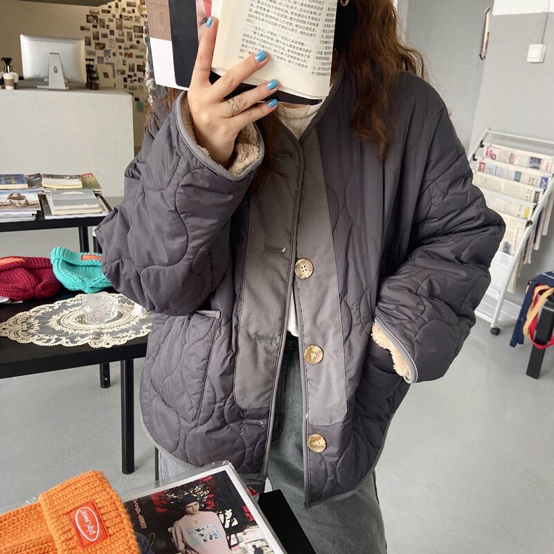 HziriP vêtement d'extérieur veste d'hiver OL vêtements de travail épais femmes Parkas Double usure Faux agneau laine doublure Parka femme manteau: gray