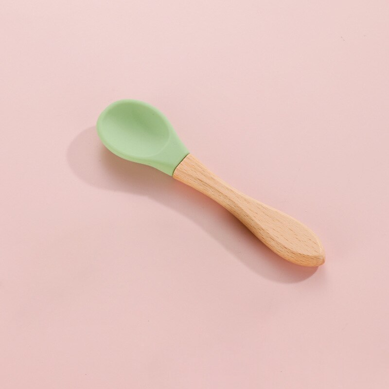 Voeden Houten Handvat Siliconen Lepel Voor Baby Gebruiksvoorwerpen Kids Eet Voedsel Voor Training Manipulatieve Vermogen Baby Servies Lepel: Green