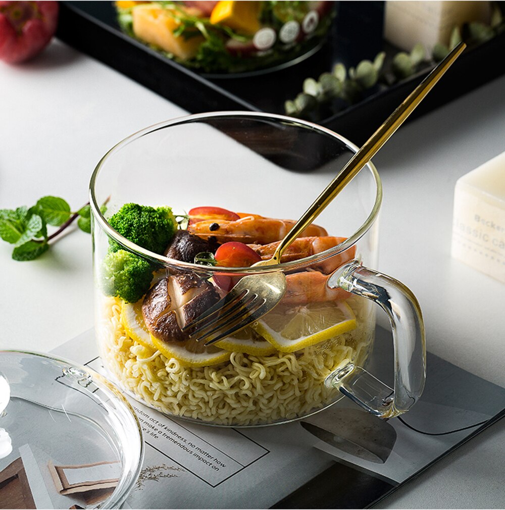 Tazón de Vidrio Grande, Cuenco de Ensalada / Cuenco de Fruta / Tazones para Mezclar / Tazón de Sopa de Ramen con Tapa y Agarre, Vidrio de Borosilicato, Apto para Microondas