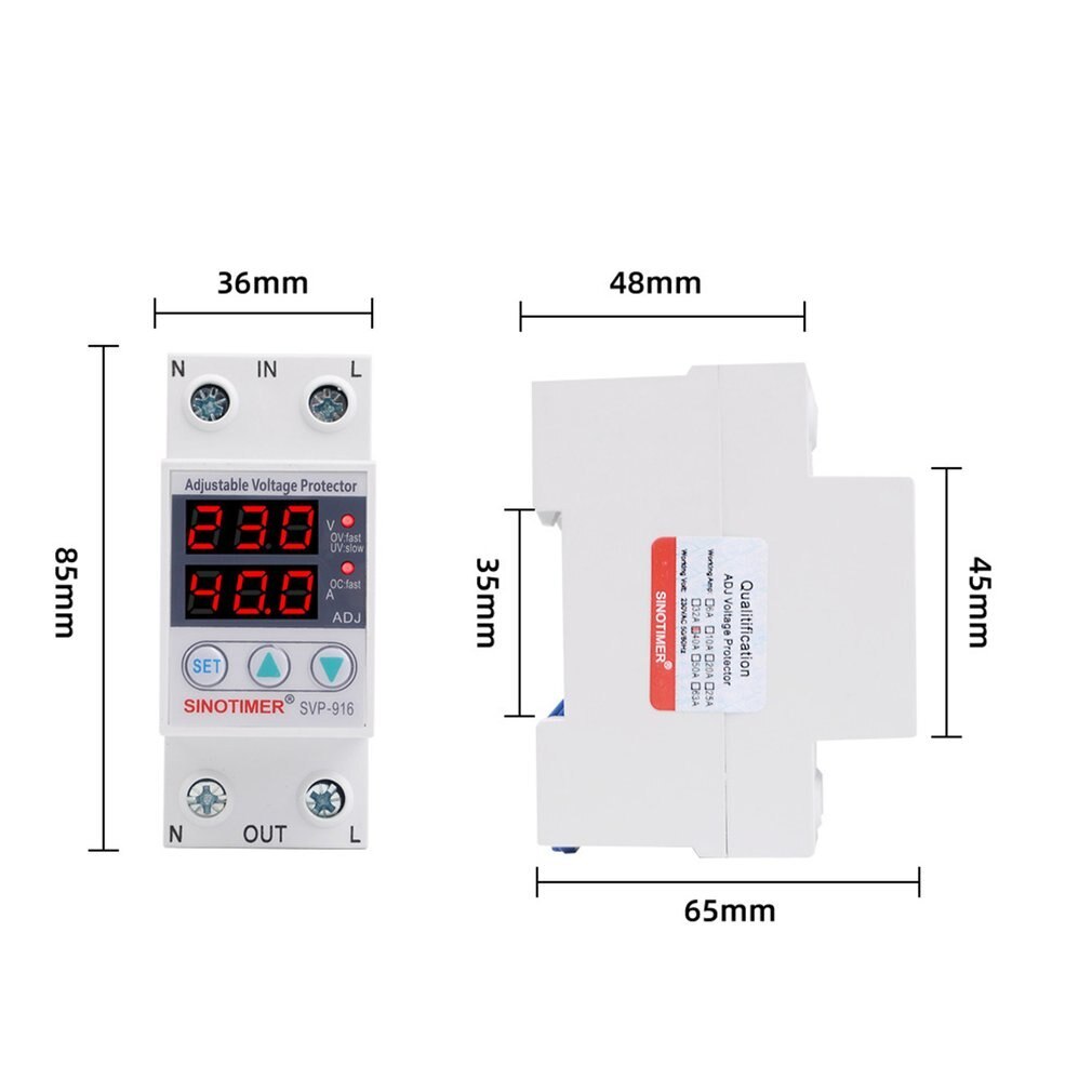 SINOTIMER SVP-916 230V 40A/63A Adjustable Auto-recovery Under/Over Voltage Protector Relay Breaker Protective Device With LED