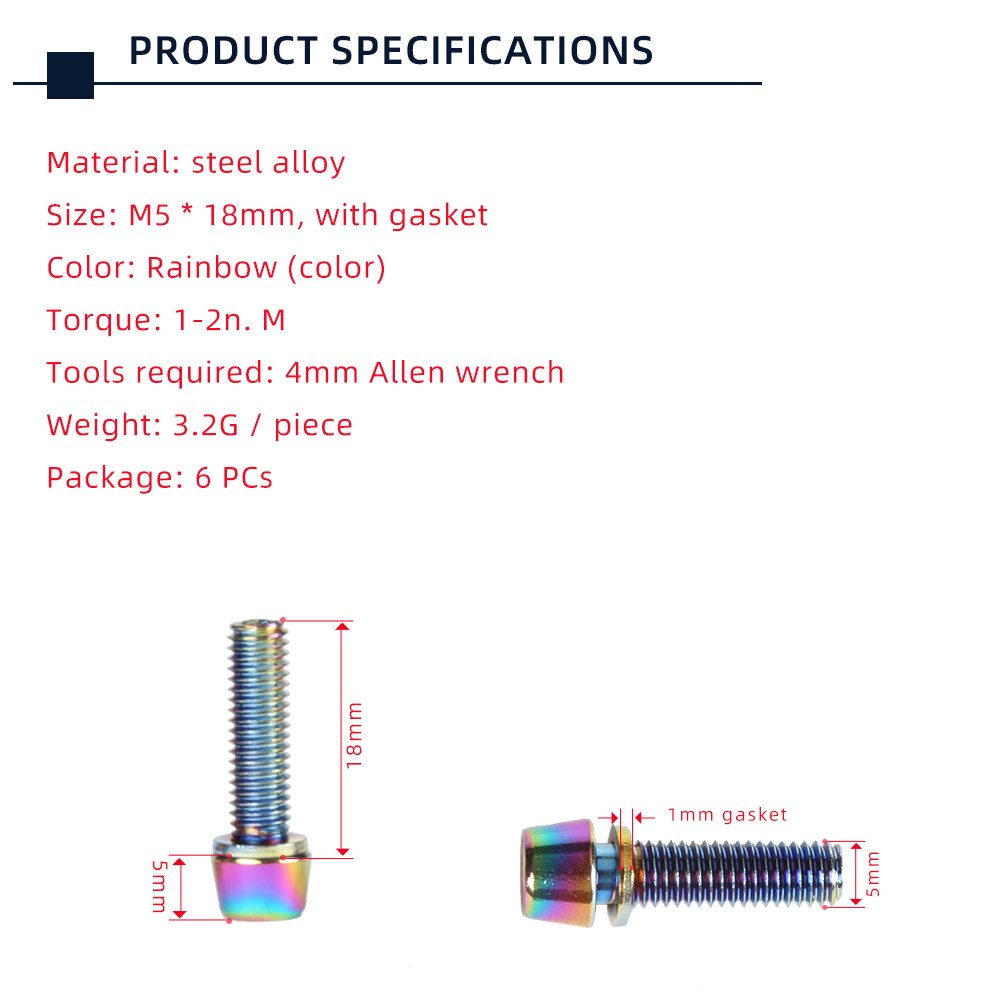 6pcs TANKE M5 * 18 15mm Bolt Screw with gasket For MTB Road Bicycle Stem and bottle rack Rainbow