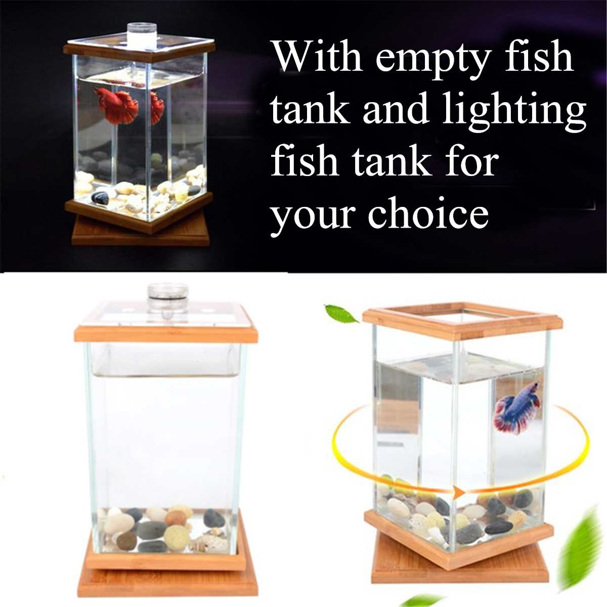 Pecera giratoria cuadrada con luz, Mini acuario, bloque de construcción, pecera, hogar, oficina, mesa, decoración, caja de alimentación