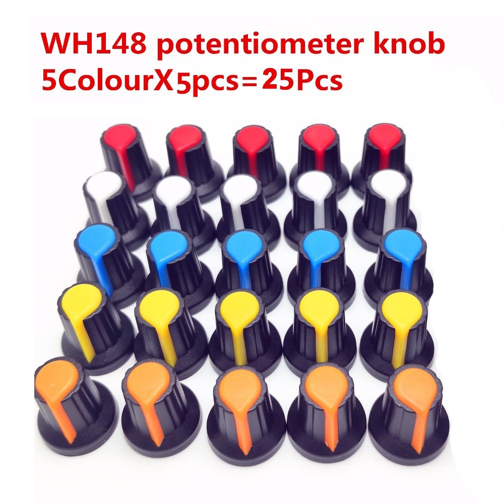 25 Stuks 5 Kleur WH148 Potentiometer Knop Cap (Koperen Kern) 15X17mm 6Mm As Gat AG3 Geel Oranje Blauw Wit Rood 5 Kleur * 5 Stuks = 25 Stuks