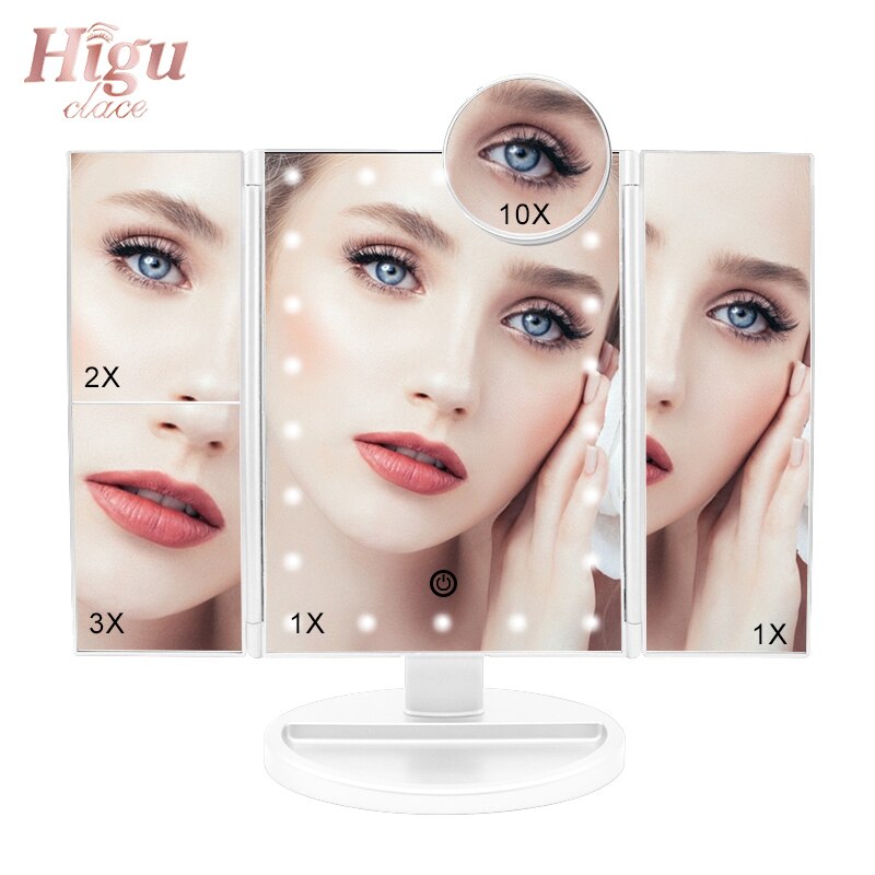 Higu Tri-folded Table Makeup Mirror LED Light Touch Screen Fold Mirrors 180 Degree Adjustable Table Cosmetic Tool: White