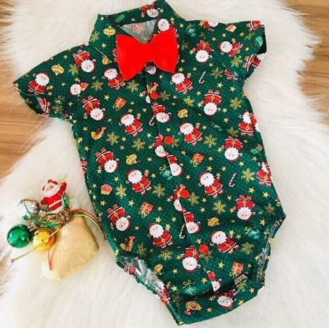 Newborn Baby Boys Christmas Bodysuits Short Sleeve Bow-tie Cartoon Pattern Bodysuits Boys Xmas Costume