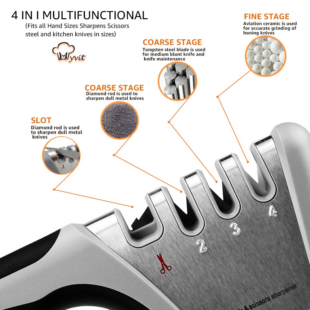 Knife Sharpener 4 in 1 Scissors Knife Sharping Tool Diamond Coated Ceramic Rod Knife Shears and Scissors Stainless Steel Blades
