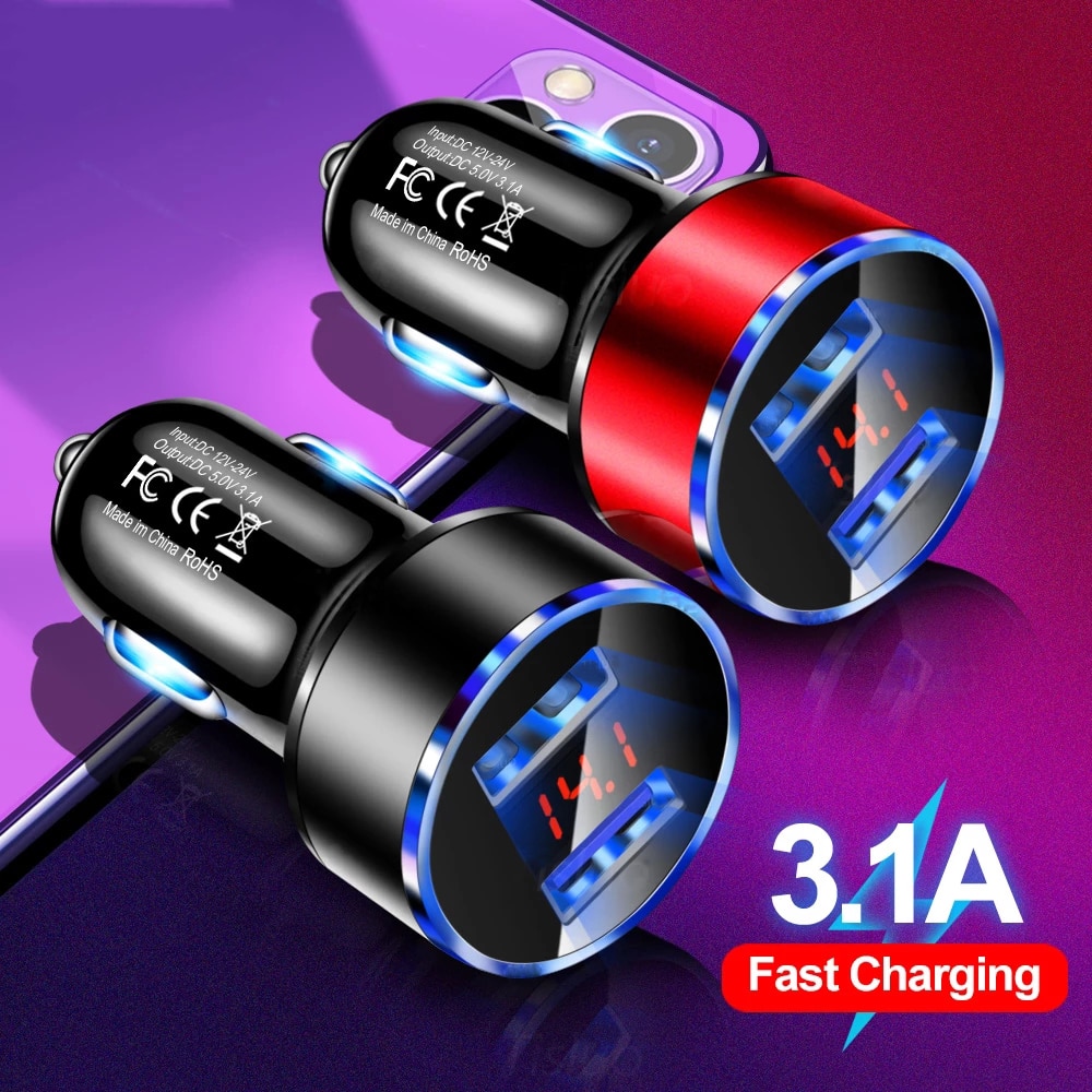 3,1 EINE Led-anzeige Dual USB Auto Ladegerät Universal Handy Aluminium Auto-Ladegerät für Huawei Xiaomi Samsung iPhone 11 Pro Max