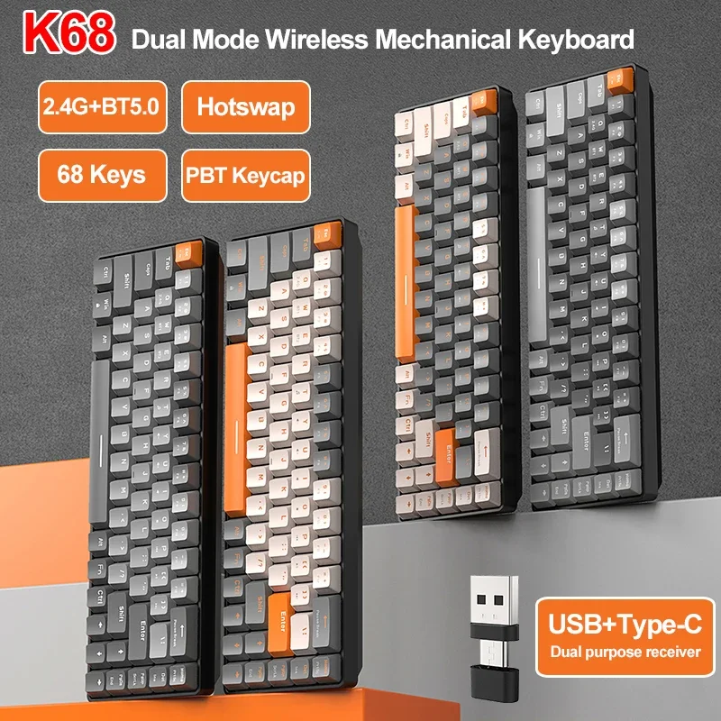 K68 2.4g/bt5.0 mekaniske spilltastaturer, 68 smakebit med hotswap, mini mekanisk spilltastatur, pbt-tastehetter, 65%  tastaturer