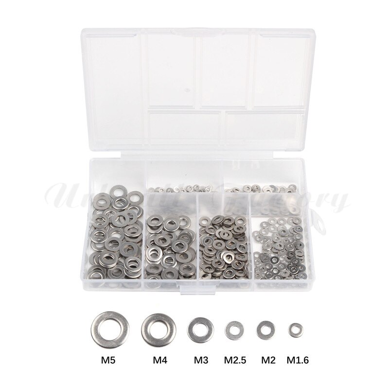 500 unids/set DIN125 M1.6/M2/M2.5/M3/M4/M5 304 arandela plana de acero inoxidable juego de surtido de juntas de arandela plana